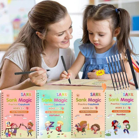e-  Ensemble de 4 livres réutilisables de calligraphie manuscrite, livre de pratique magique pour enfants dès 2 ans.