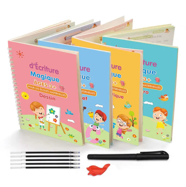 e-  Ensemble de 4 livres réutilisables de calligraphie manuscrite, livre de pratique magique pour enfants dès 2 ans.