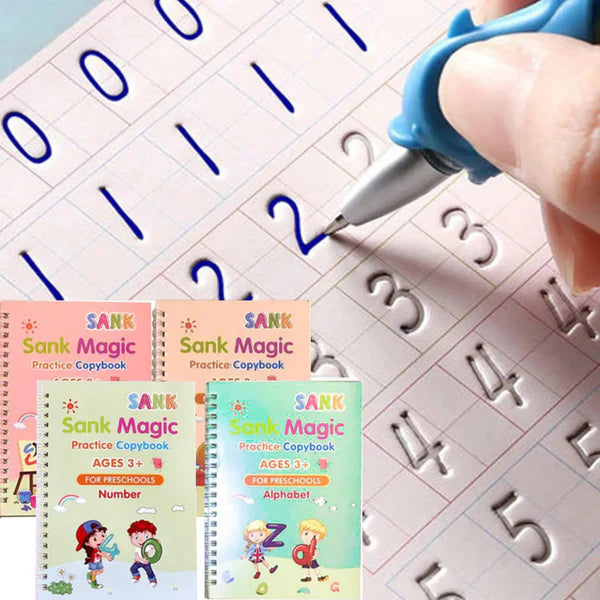 e-  Ensemble de 4 livres réutilisables de calligraphie manuscrite, livre de pratique magique pour enfants dès 2 ans.